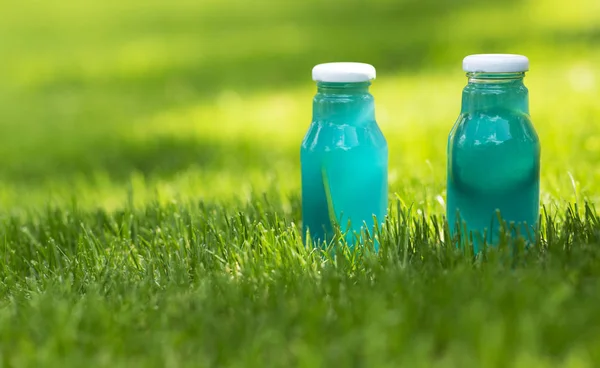 Modrá čerstvá voda z přírodních částí v trávě se slunečními světly — Stock fotografie