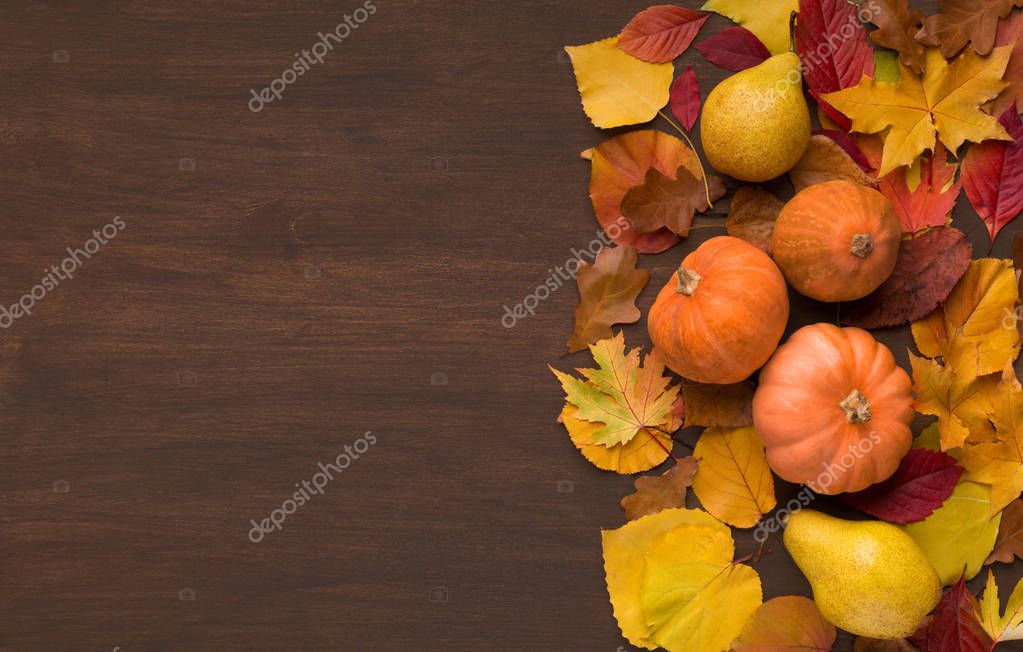 Autumn foliage with three decorative pumpkins on wooden background with left side copy space