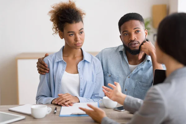 Serious Black Couple Listening To Financial Advisor During Investment Consultation — Stock Photo, Image
