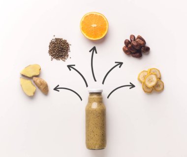 Detoks hazırlamak için oklar ile çeşitli meyve ve sebzeler