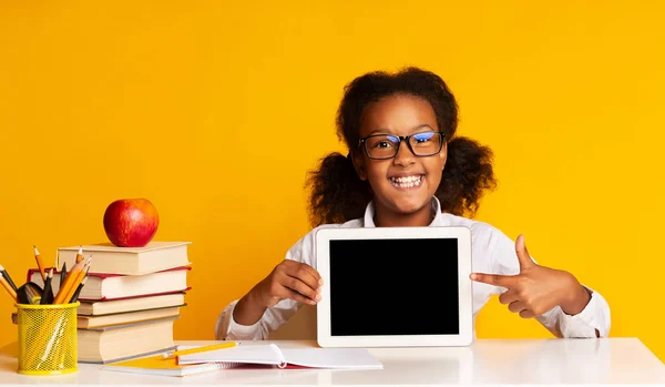 Elementary Student Girl Pointing Finger At Tablet Screen, Mockup