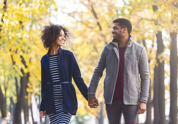 Casal preto de mãos dadas enquanto caminhava pelo parque de outono — Fotografia de Stock