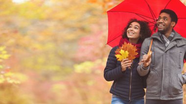 Sonbahar parkında şemsiyeile romantik çift