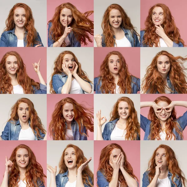 Collage of young redhead girl portraits with different emotions and gestures — Stock Photo, Image