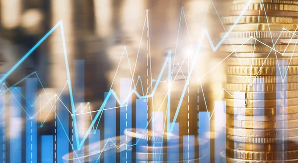 Double exposure of coins stack and financial chart — Stock Photo, Image