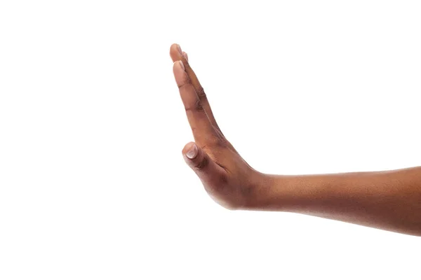 Black female hand showing stop gesture, isolated on white background — Stock Photo, Image