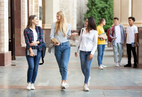 Vida universitária. Meninas andando após as aulas ao ar livre — Fotografia de Stock