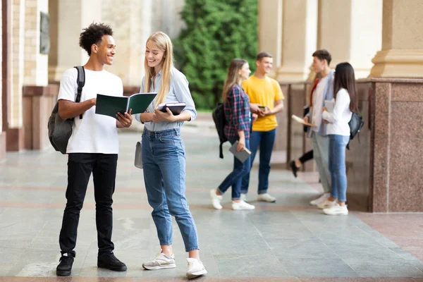 Buoni compagni di classe che si preparano per la lezione nel campus universitario — Foto Stock