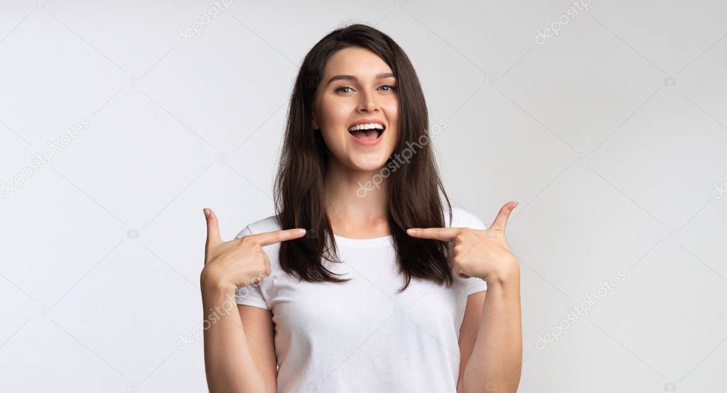 Self-Confident Woman Pointing Fingers At Herself On White Background, Panorama