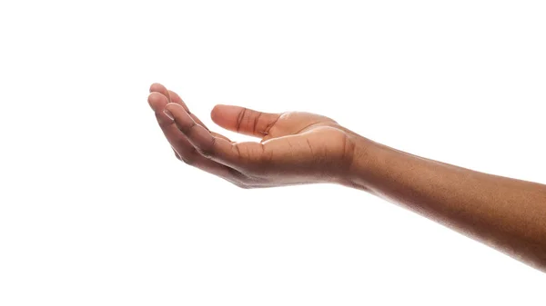 Γυναικείο χέρι κρατώντας κενή παλάμη απομονωμένη σε λευκό φόντο — Φωτογραφία Αρχείου