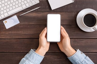 Reklam için boş ekranile akıllı telefon tutan kadın eller.