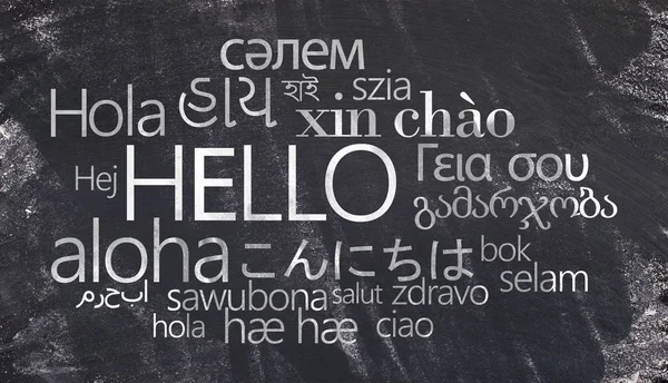 Hello text on Different languages chalk writing on chalkboard — Stock Photo, Image