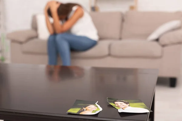 Depressed Girl Crying Sitting On Couch After Breakup Indoor — Stock Photo, Image