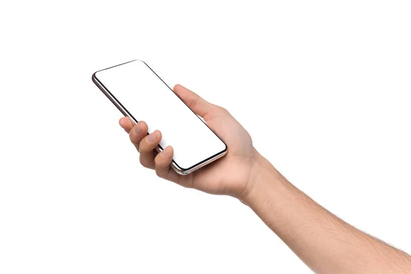 Smartfon z pustym ekranem w męskich rękach na białym tle — Zdjęcie stockowe