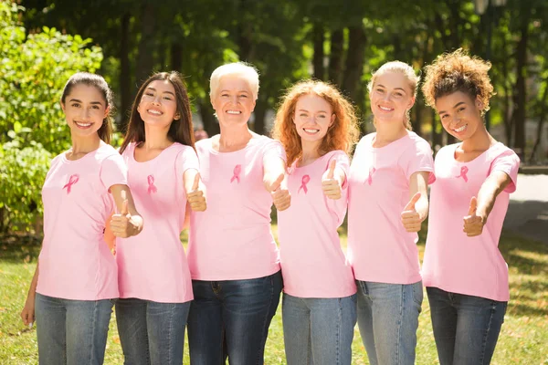 Borstkanker vrijwilligers in roze T-shirts Gesturing duimen-up in Park — Stockfoto