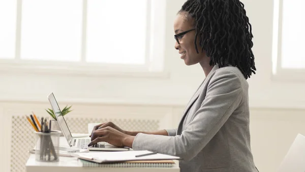 Afro-americano signora utilizzando computer portatile in ufficio, vista laterale, panorama — Foto Stock