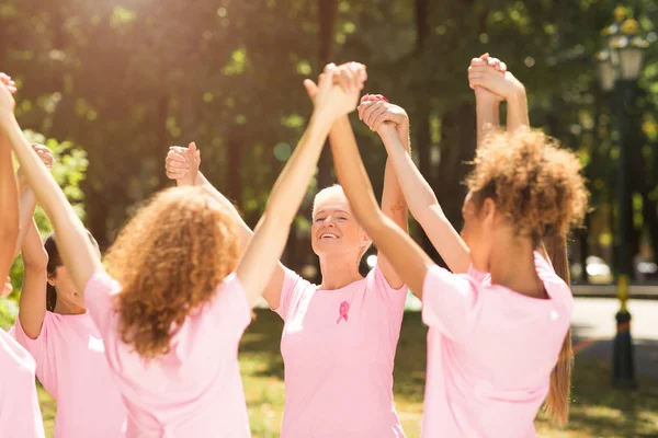 Happy Ladies wspieranie kampanii raka piersi stojący w kręgu odkryty — Zdjęcie stockowe