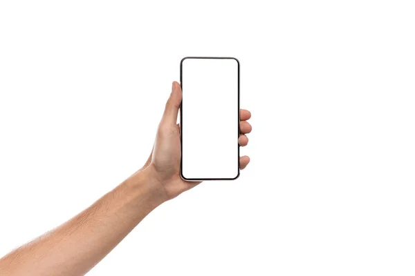 Mans mano celebración de teléfono celular con pantalla grande en blanco — Foto de Stock