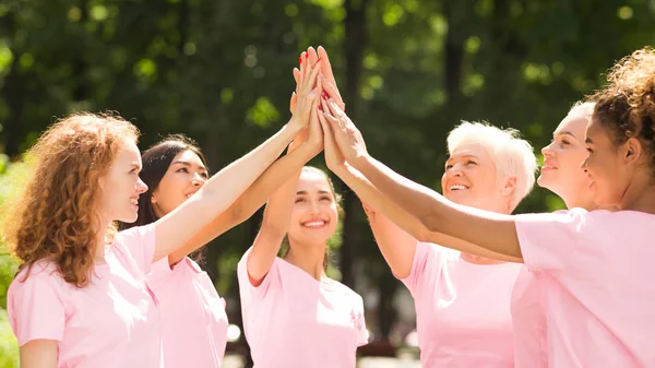 Groupe de bénévoles sur le cancer du sein composé de femmes multiethniques qui donnent en plein air — Photo