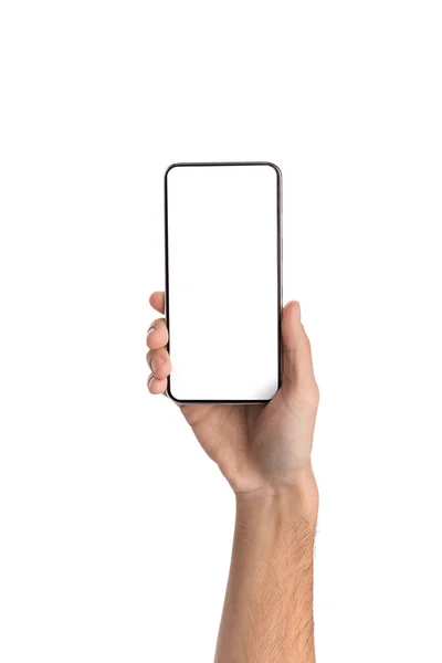 Smartphone con pantalla en blanco en manos masculinas sobre fondo blanco —  Fotos de Stock