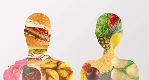 Нездоровая пища внутри мужчины против здорового продукта у женщин — стоковое фото