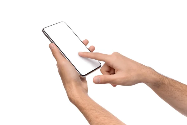 Male hand touching blank smartphone screen over white background — Stock Photo, Image