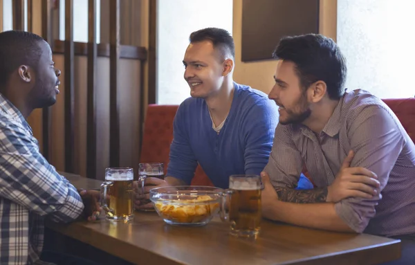Compañeros alegres hablando en el bar mientras beben cerveza — Foto de Stock