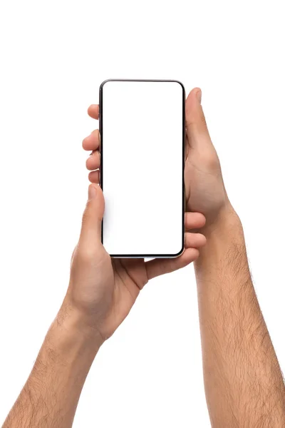 Бескадровый смартфон с чистым экраном в мужских руках — стоковое фото