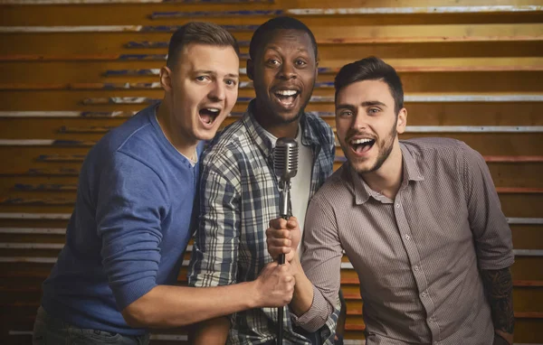 Happy young fellows singing at karaoke bar — Stok Foto