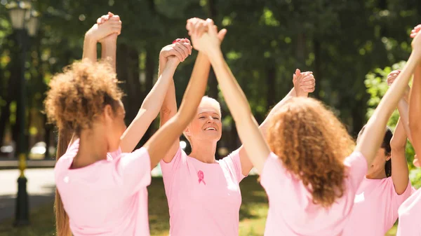 Sobrevivientes de cáncer de mama que sostienen las manos en el parque, Panorama — Foto de Stock