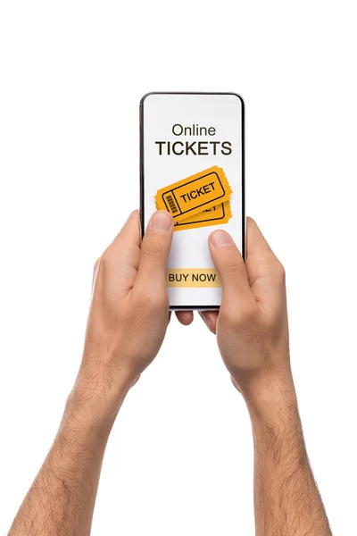Man menggunakan aplikasi untuk membeli tiket acara online pada smartphone — Stok Foto