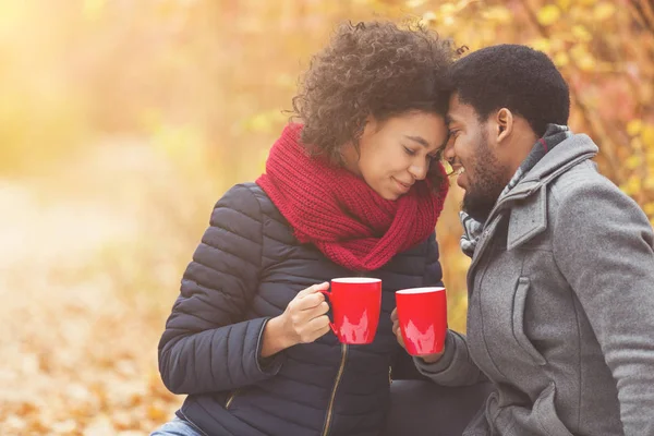 Een herfstpicknick. Teder koppel dat thee drinkt in park — Stockfoto