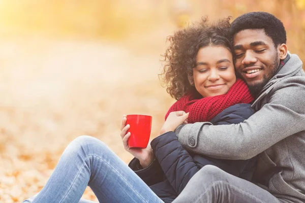 Joyeux couple profitant d'une journée de pique-nique dans le parc d'automne — Photo