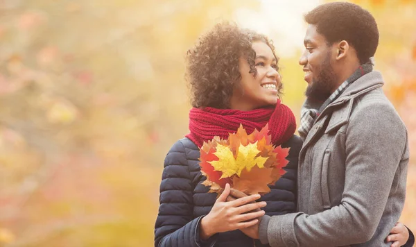 Pareja afroamericana disfrutando de los colores otoñales en el parque —  Fotos de Stock