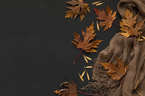 Brązowy szalik z jesiennymi opadłymi liśćmi na czarnym tle — Zdjęcie stockowe
