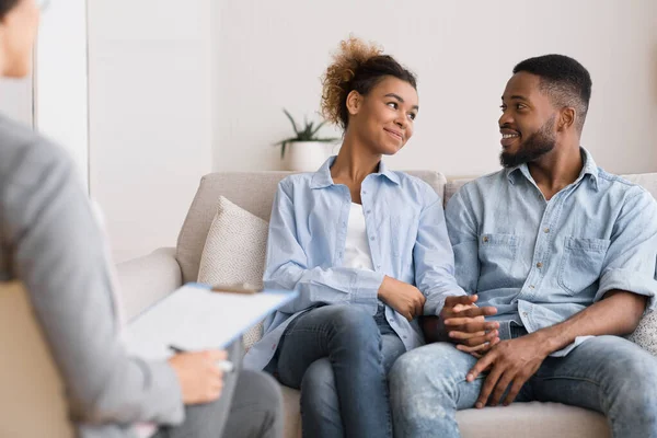 Loving Black Couple Visiting Therapy Session At Psychologists Office — Stock Photo, Image