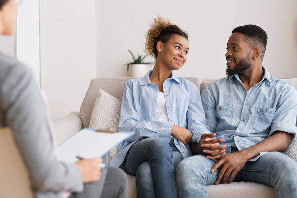 Loving Black Couple Visiting Therapy Session At Psychologists Office