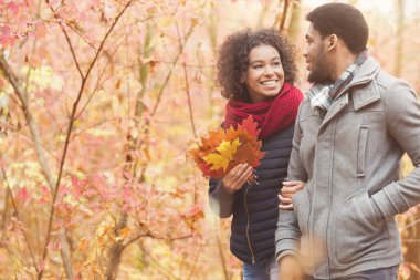 Aşk ve ilişki kavramı. Mutlu çift parkta yürüyor.