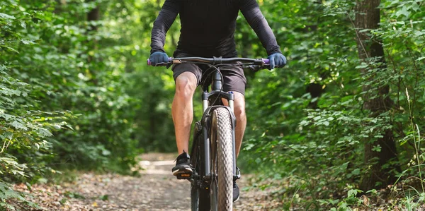 Ciclista masculino andar de bicicleta esportiva entre árvores — Fotografia de Stock