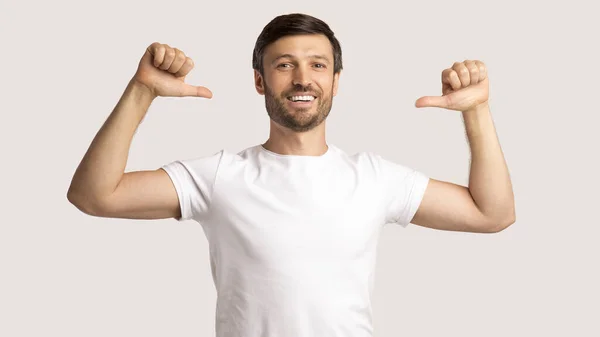 Man Pointing Thumbs At Himself On White Background, Panorama — Stock Photo, Image