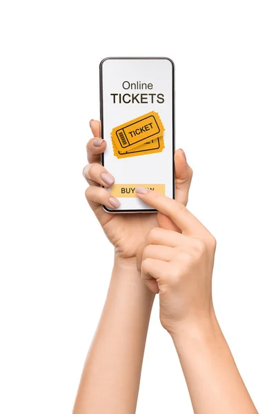 Tangan womans gelisah untuk mengunduh aplikasi tiket acara ke smartphone — Stok Foto