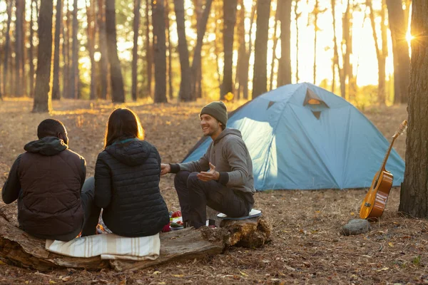 Back view of friends camping in autumn forest — Stock Photo, Image