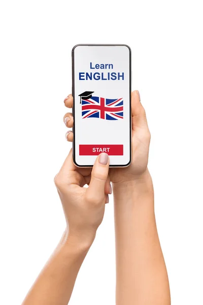 Kvinna innehav smartphone med ansökan om att lära sig engelska på skärmen — Stockfoto