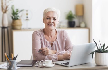 Evde bilgisayarla çalışan gülümseyen büyükanne.