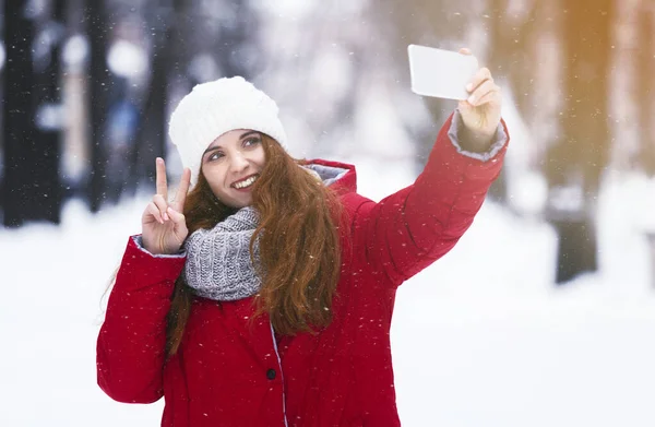 Mujer sonriente tomando selfie en el parque urbano en invierno —  Fotos de Stock