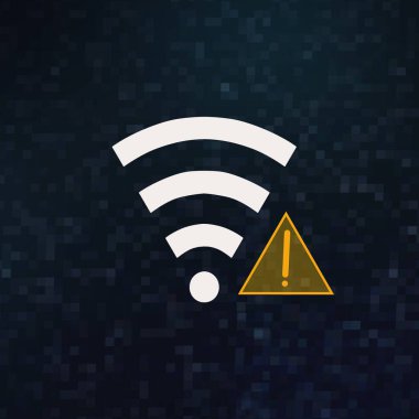 Koyu renk piksel arkaplanında Wifi sinyal simgesi ve ünlem işareti