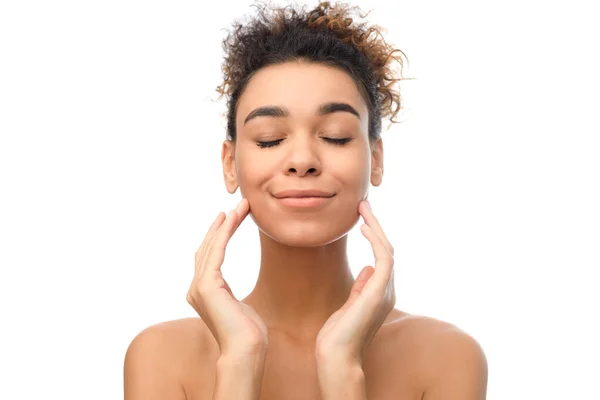 Clean face of beautiful girl, lady touching her cheeks — Stock Photo, Image