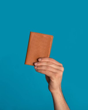 Renkli arka planda pasaport gösteren tanınmayan genç adam, elini kapat.