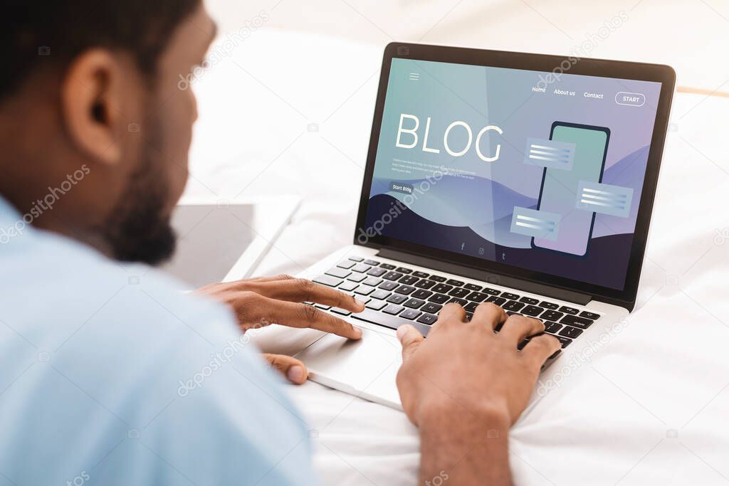 Blogger at work. African American man using laptop with blog webpage on screen, collage