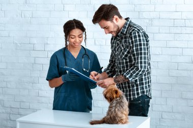 Şirin köpeği olan genç sahibi yıllık check-up için veterineri ziyaret ediyor.